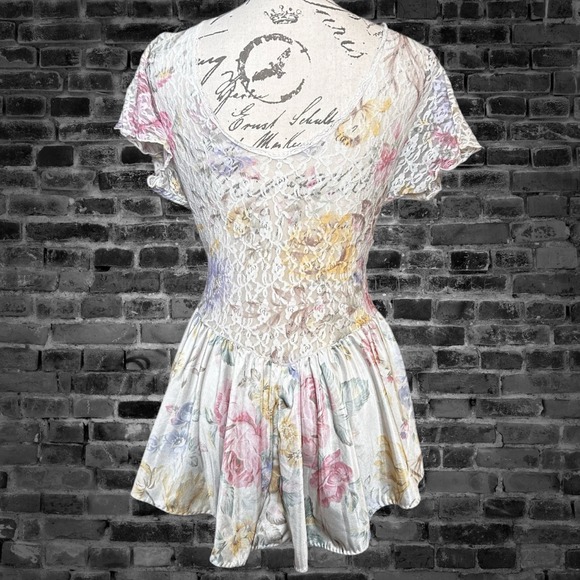 Vintage Vandemere Floral Lace Teddy Lingerie Pastel Short Sleeve White Pink S - Picture 3 of 5